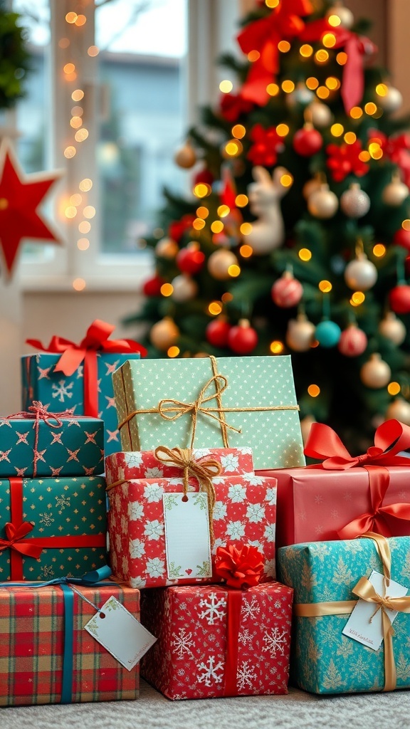 Creative Christmas Gift Ideas A variety of Christmas gifts wrapped in colorful paper and ribbons, set against a festive holiday backdrop.